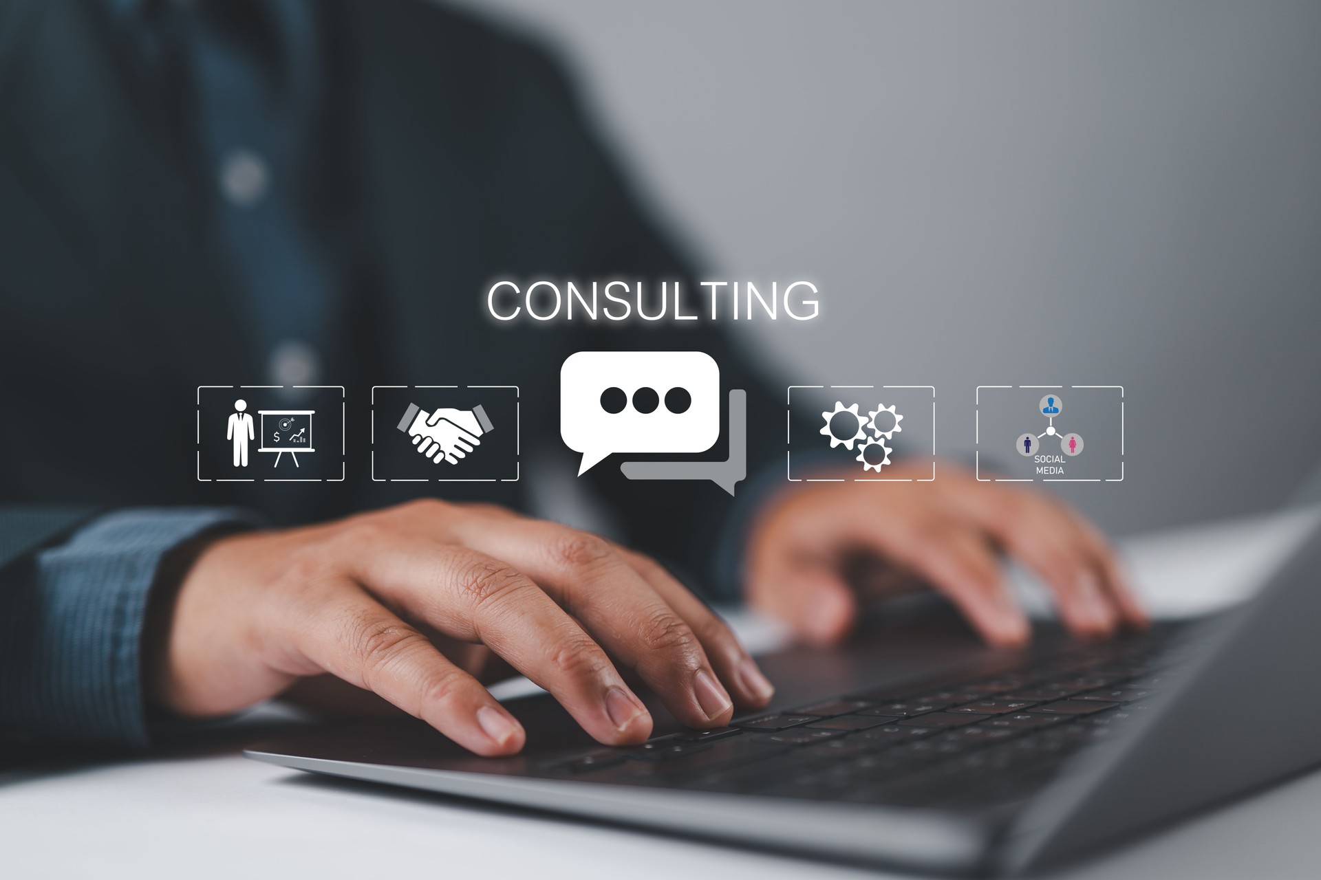 Consulting Expert Advice Support Service Business concept, Job consult strategy, governance, knowledge, search talents. Businessman showing consulting icon virtual screen.